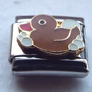 Brown enamel duck and bubbles 9mm stainless steel Italian charm bracelet link